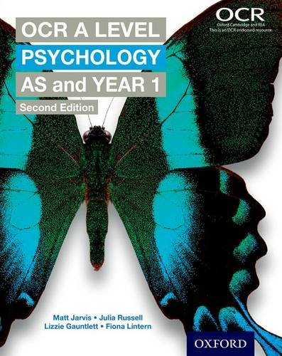 "Textbook cover with butterfly and human head, titled 'OCR A Level Psychology AS and Year 1'."