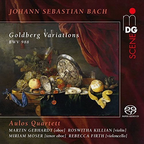 "CD cover featuring a still life painting with fruit, a mirror, and red drapery."