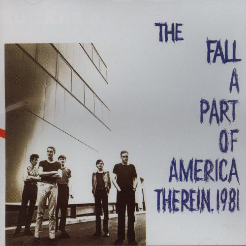 "Album cover with a black and white photo of six men standing outside a building."