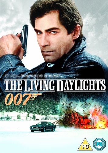 DVD cover for "The Living Daylights" featuring a man holding a gun, with a car below.