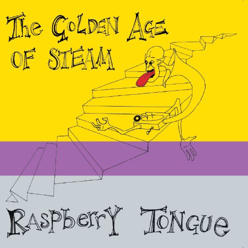 Album cover with cartoon dragon on a steam train, yellow, purple, and grey background.