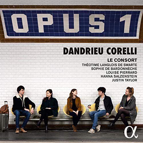 "CD cover with five musicians sitting on yellow chairs against a white brick wall."