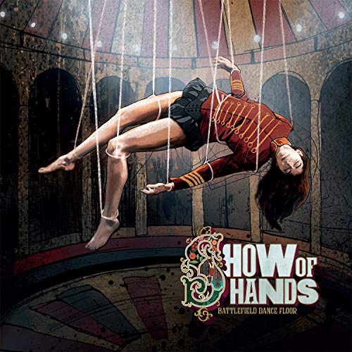"Album cover featuring a marionette woman suspended in a circular, arched room."