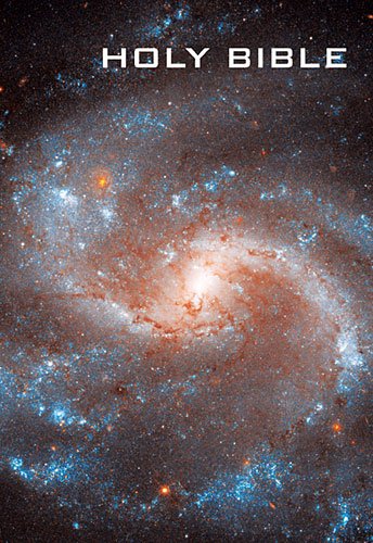 The image depicts the cover of the "HOLY BIBLE" with a vibrant galaxy background. The alt text for this image could be: "A spiral galaxy with a bright center, surrounded by stars and gas, on the cover of a Bible."
