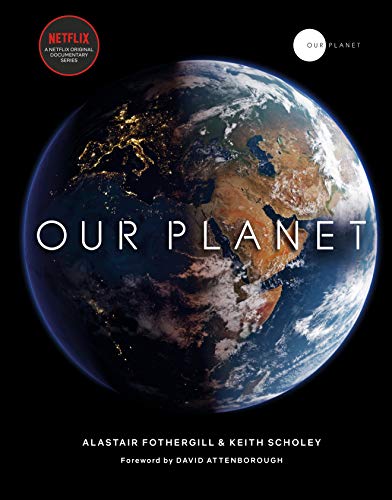 "Book cover featuring a photograph of Earth from space with 'Our Planet' title."