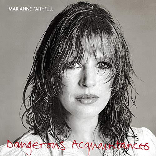 Black and white album cover featuring Marianne Faithfull with red text overlay.