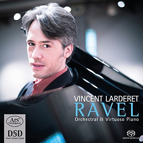 "CD cover featuring a man with a grand piano, 'Vincent Larderet Ravel' text."