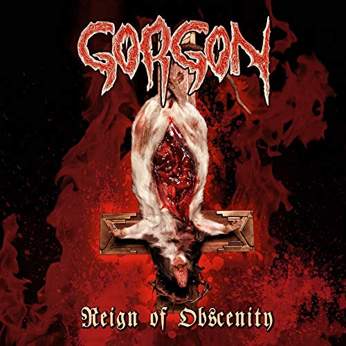 "Album cover with a crucified lamb's head and red, bloody background."