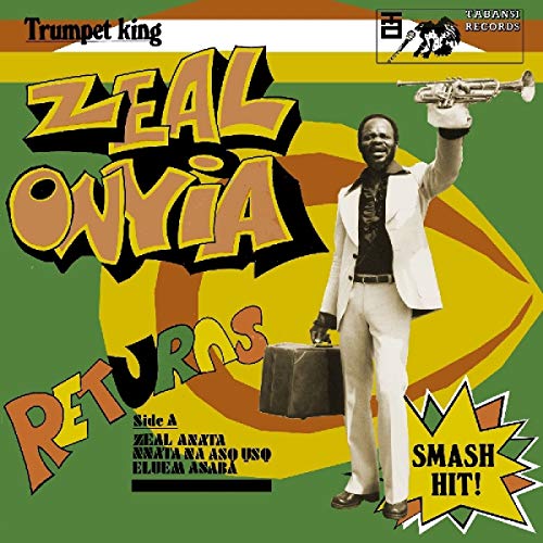 Album cover with man holding trumpet, green and yellow background, and stylized text.