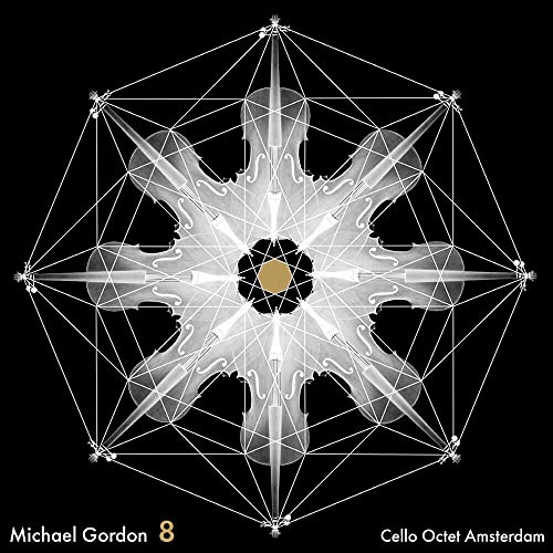 "CD cover with white geometric design and black background, featuring 'Michael Gordon' and 'Cello Octet Amsterdam'."