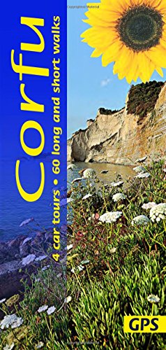 "Book cover with 'Corfu' in yellow text, cliffside scene, and large sunflower."