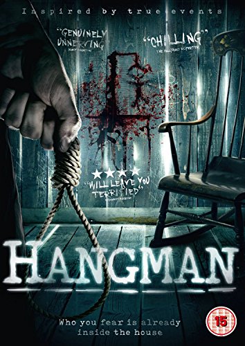 The image is a DVD cover for the movie "Hangman". #### Alt Text: "DVD cover with a hand holding a noose and a bloody gallows."
