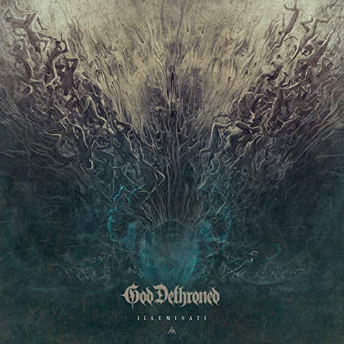 The image depicts a dark, abstract album cover with twisted, organic shapes and text. A suitable alt text for this image could be: "Dark album cover with twisted shapes and 'God Dethroned Illuminati' text."