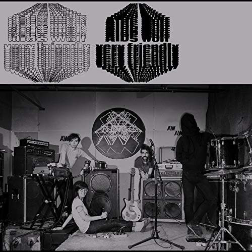 "Black and white image of a band in a cluttered music room with album cover art."