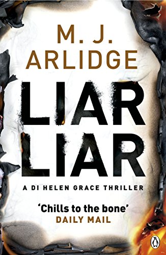 Book cover with "Liar Liar" in black on a burnt page, surrounded by flames.