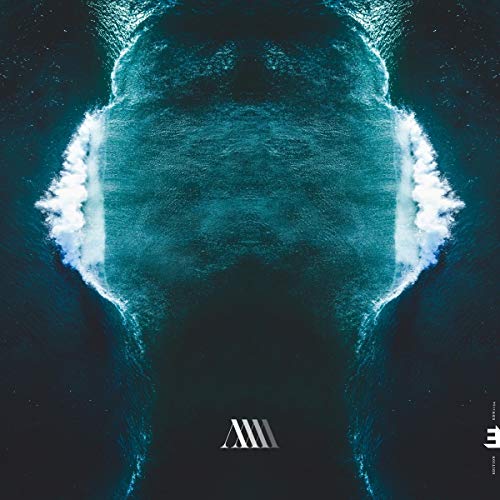 The alt text for the image is: "Album cover with abstract blue wave design and white logos."