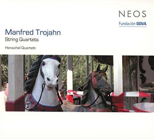 "CD cover with white background, two carousel horses, and text 'Manfred Trojahn String Quartets'."