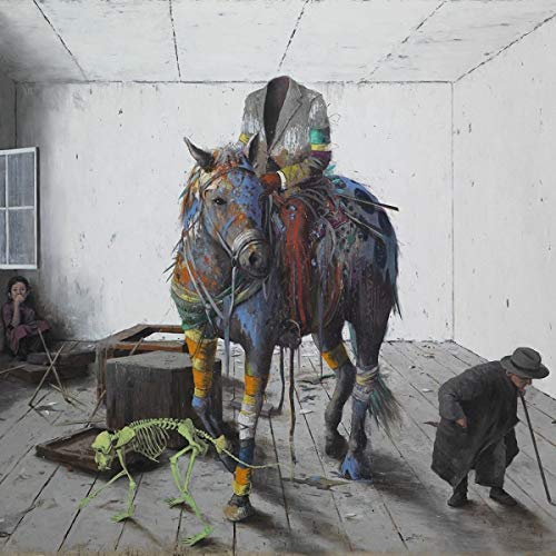 "Album cover art: colorful horse statue, rider, skeleton, and old man in a white room."