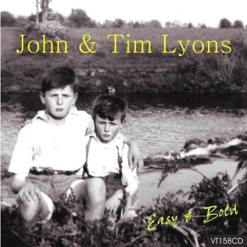 "Album cover with two boys sitting by a river, black and white image."