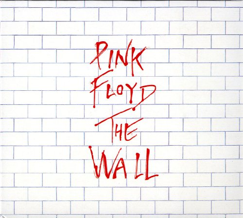 "Album cover with 'Pink Floyd - The Wall' written in red on a white brick wall."