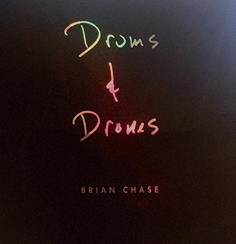 "Album cover with 'Drums & Drones' in gradient text on a dark background."