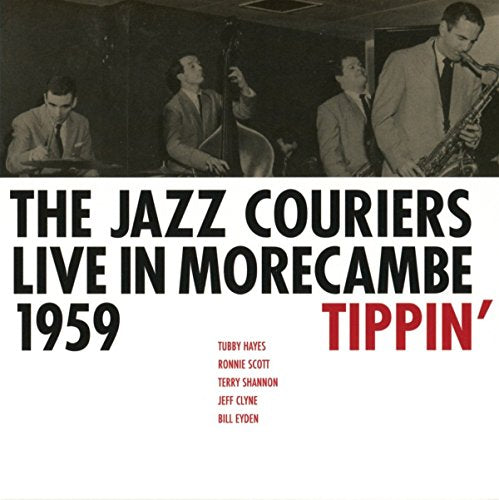 Jazz album cover with black and white musicians and bold text on white background.