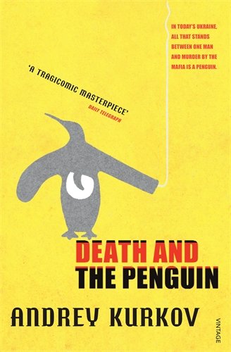 "Book cover with a yellow background, grey penguin, and red and black text."