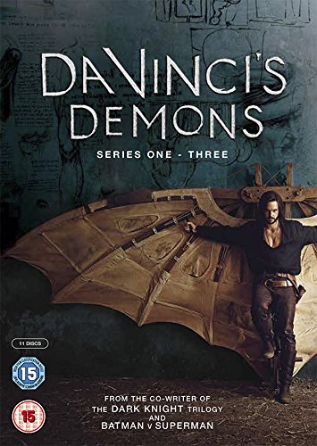 DVD cover for "Da Vinci's Demons" with a man standing beside a flying machine.