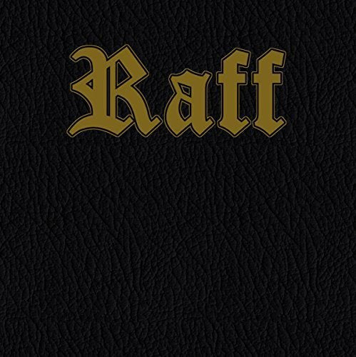 Black textured background with gold, ornate lettering spelling “Raff”.
