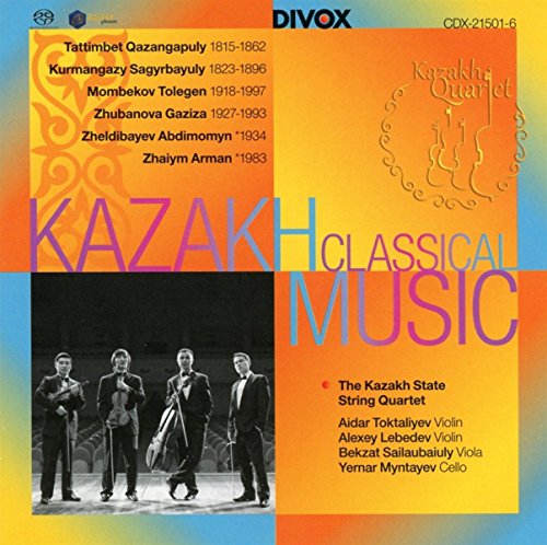 "Kazakh Classical Music" CD cover featuring a string quartet on stage, orange and blue background.