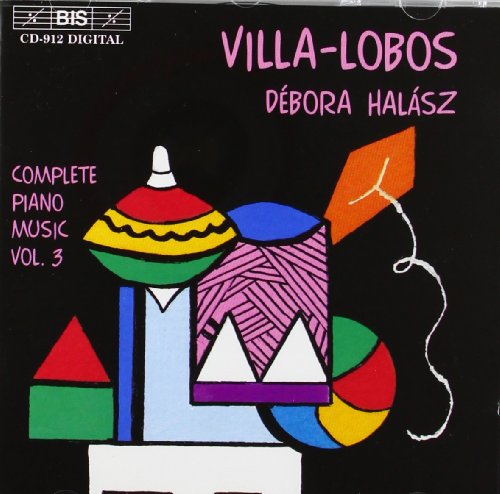 Black CD cover with colorful abstract shapes and pink text "Villa-Lobos Debora Halasz".