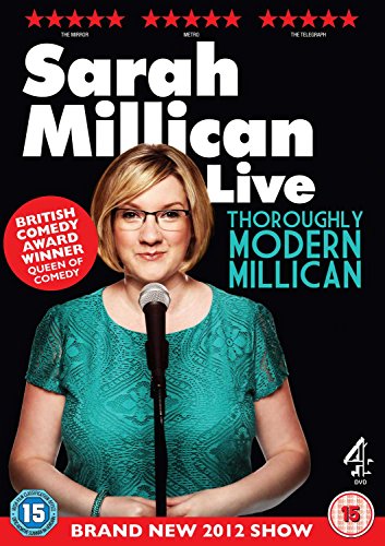 DVD cover of Sarah Millican standing at a microphone, wearing a teal dress.