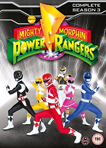 DVD cover featuring five Mighty Morphin Power Rangers in colorful superhero costumes.