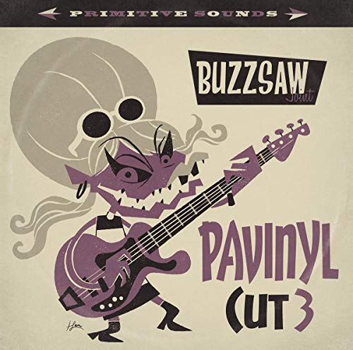 "Vinyl record cover featuring a cartoon creature playing a guitar, beige background."