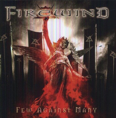 "Album cover with a winged figure surrounded by flags and fiery background."