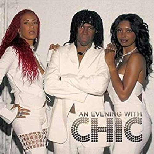 "Three women in white outfits posing together with 'An Evening With Chic' text."
