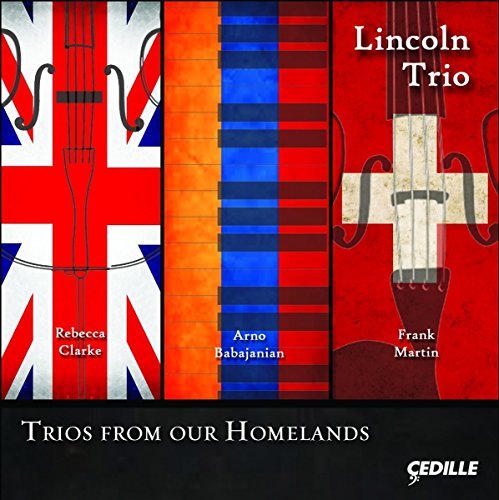 The image is a CD cover for "Lincoln Trio - Trios From Our Homelands". #### Alt Text "CD cover with three panels featuring flags and violin designs, titled 'Lincoln Trio'."