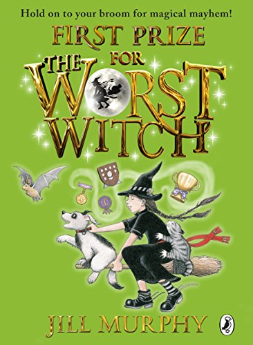 "Book cover with cartoon witch, cat, and dog on green background, title 'First Prize for the Worst Witch'."
