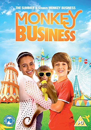 "DVD cover featuring a boy and girl holding a monkey, with an amusement park background."