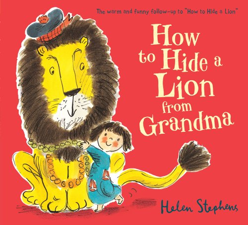 "Red children's book cover with cartoon lion and child illustration, title 'How to Hide a Lion from Grandma'."