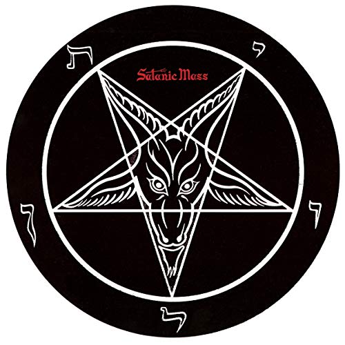 Black vinyl record with white Baphomet symbol and red "Satanic Mass" text on a white background.