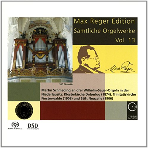 "CD cover featuring a church organ, composer's portrait, and text on colorful background."