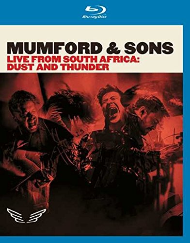 "Blue-ray cover featuring Mumford & Sons performing live, with red-tinted band image."