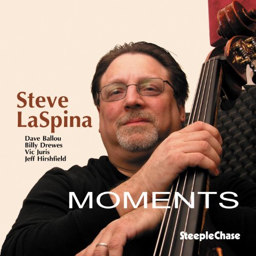 Man holding double bass with album title "Moments" and artist name on beige background.