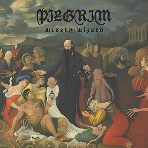 "Album cover art: 'Pilgrim - Misery Wizard' featuring a dark-robed man surrounded by surreal figures."
