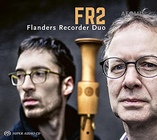 CD cover with two men and a recorder, dark background.