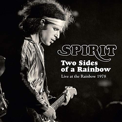 Black-and-white album cover with a man playing guitar and text "Spirit Two Sides of a Rainbow".