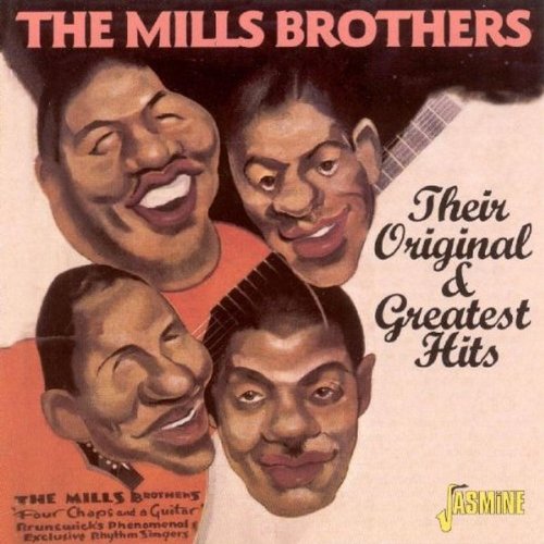 "CD cover art featuring The Mills Brothers, four smiling men, one holding a guitar."