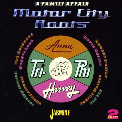 "CD cover with 'Motor City Roots' title, circular logo, and artist names on black background."