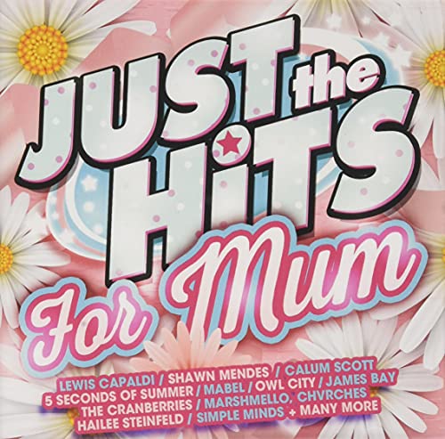 "CD cover with 'Just the Hits for Mum' text on a pink floral background."